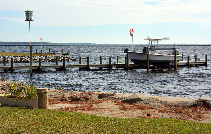 A boat docked in Belhaven, NC